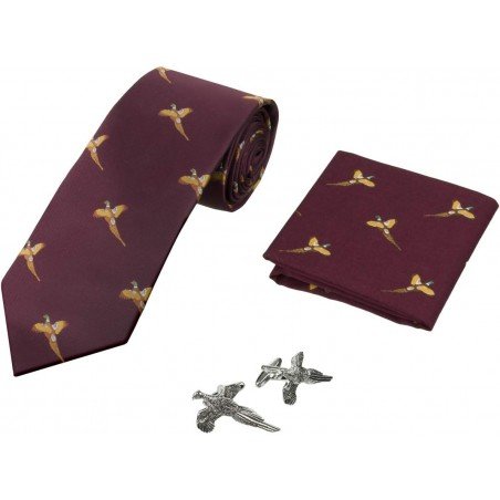 Set Jack Pyke de corbata, gemelos y pañuelo de faisanes burdeos