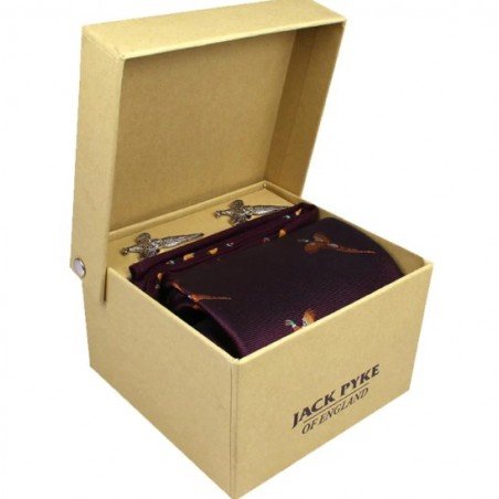 Set Jack Pyke de corbata, gemelos y pañuelo de faisanes burdeos