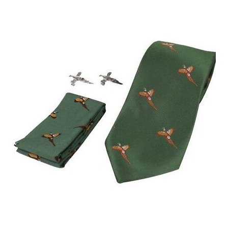 Set Jack Pyke de corbata, gemelos y pañuelo de faisanes verde