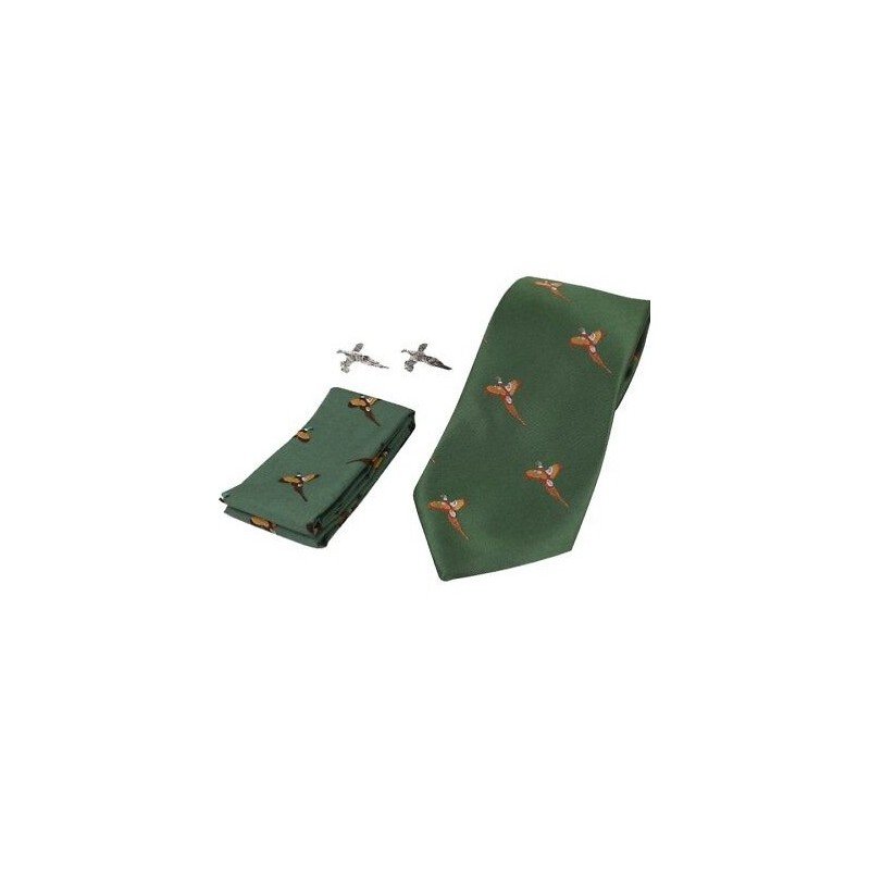 Set Jack Pyke de corbata, gemelos y pañuelo de faisanes verde