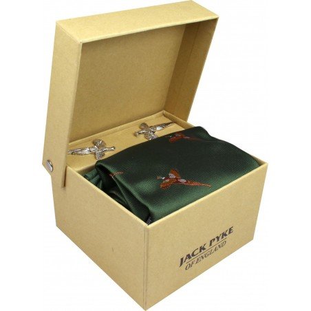 Set Jack Pyke de corbata, gemelos y pañuelo de faisanes verde
